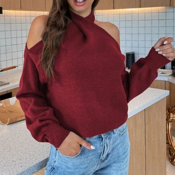 Crisscross Ruched Bishop Sleeve Sweater Burgundy - Picture 3 of 5